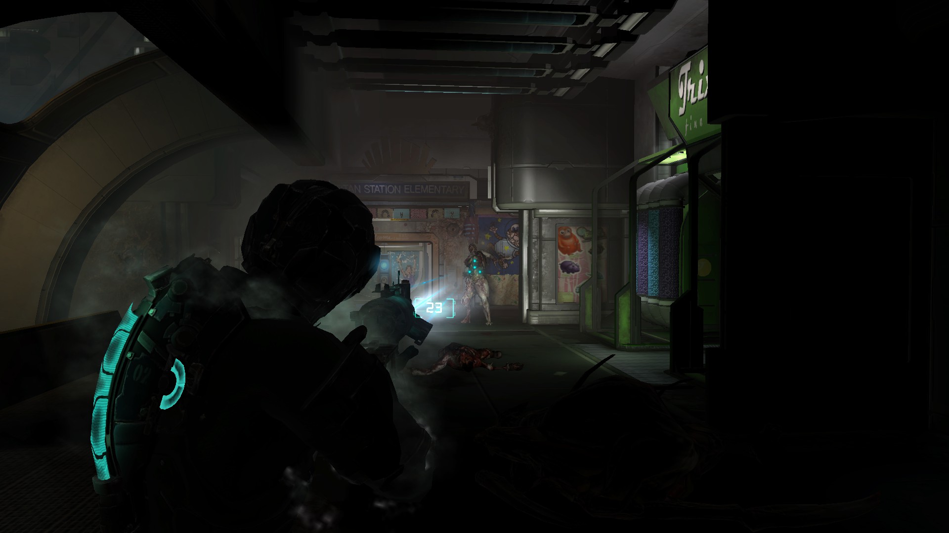 Even in a dark situation, Dead Space does a great job in lighting up everything that matters for you to have a nice focus on enemies even if they come from the dark, you can also hear it very well, and it helps that 95% of the enemies don't shoot stuff at you or are blatantly obvious in doing so.